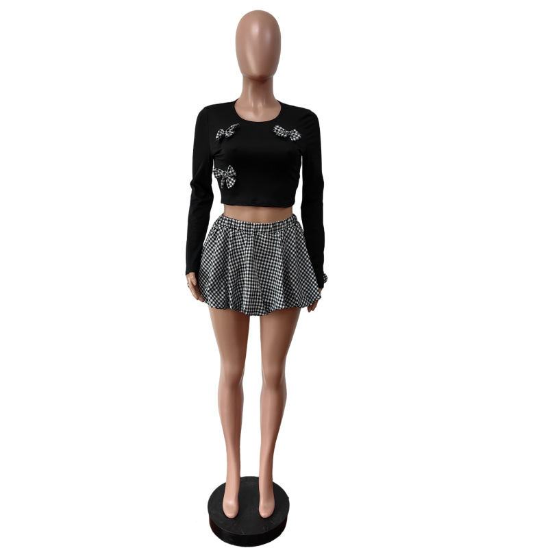 Bow Knot Long Sleeve Crop Top Shorts Two Piece Set
