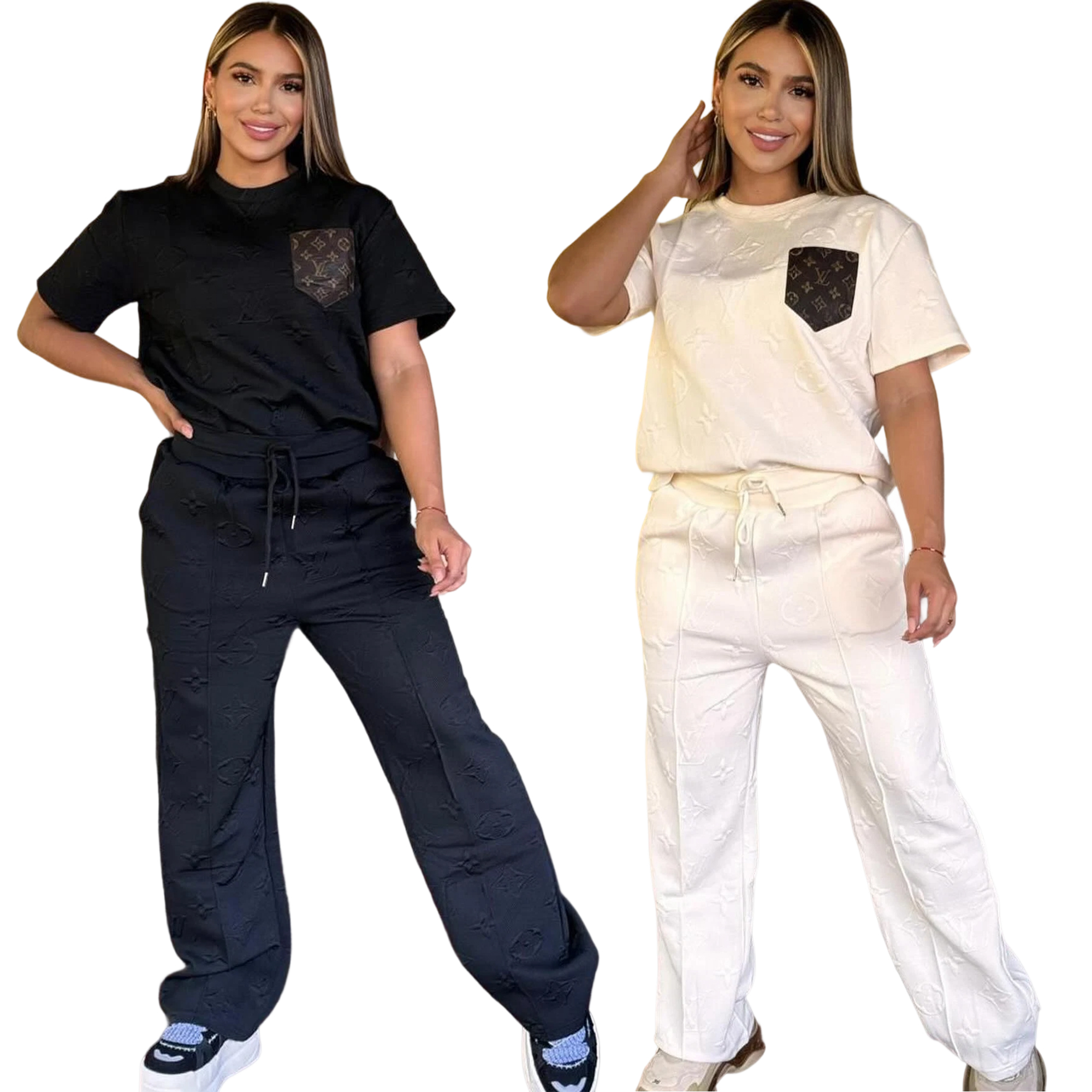 Women casual Pu-Leather pocket short-sleeved top and long pants jacquard two-piece set