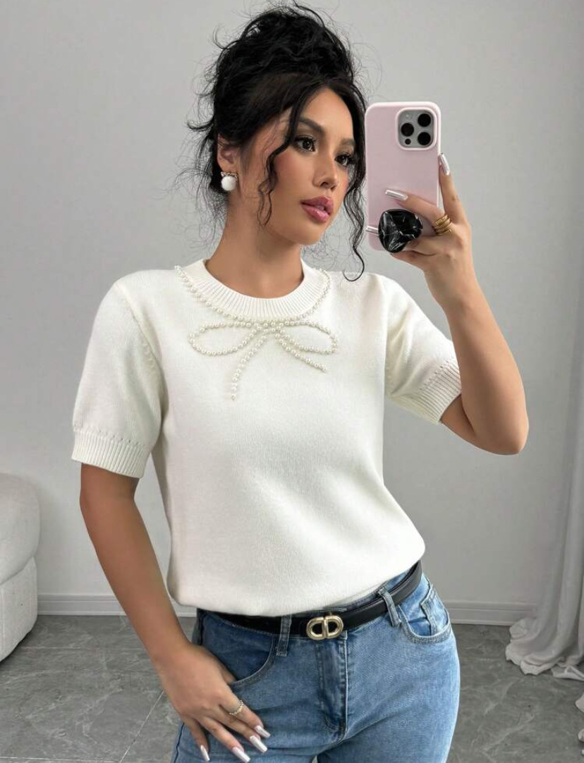 Women Solid Bow Beaded Top Short Sleeve T-shirt