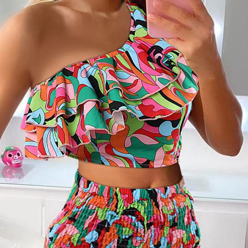Women Sexy Slash Shoulder Printed Crop Top Bodycon Skirt Two-Piece Set