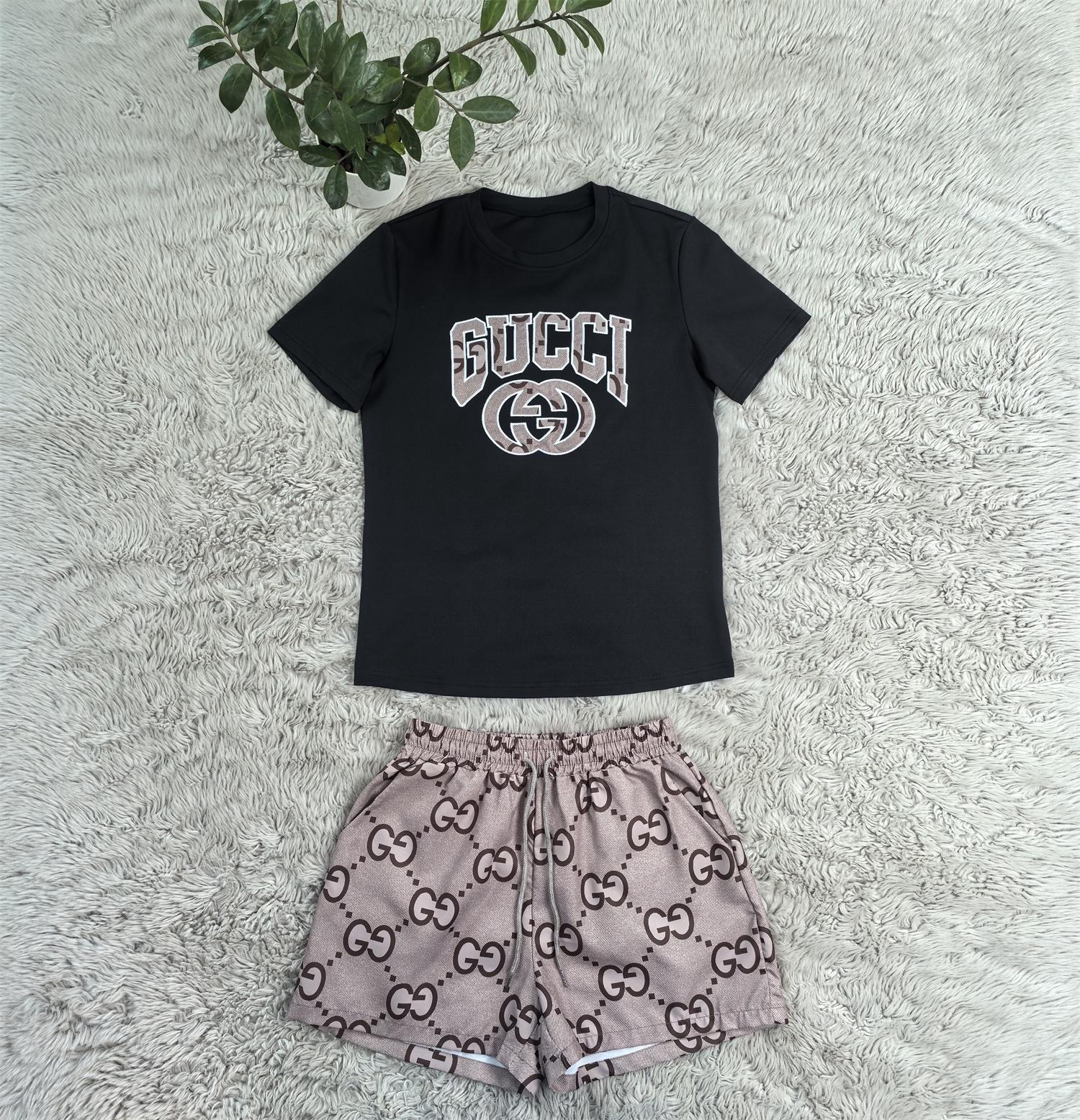 Women Summer Embroidered Printed Short Sleeve Top and Shorts Two-Piece Set