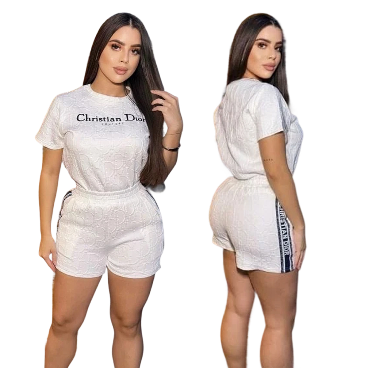 Women Embroidered short-sleeved top and shorts jacquard two-piece set