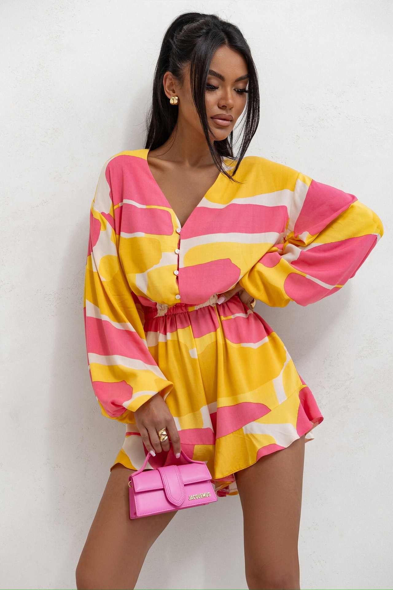 Women Printed V-Neck Long Sleeve Jumpsuit