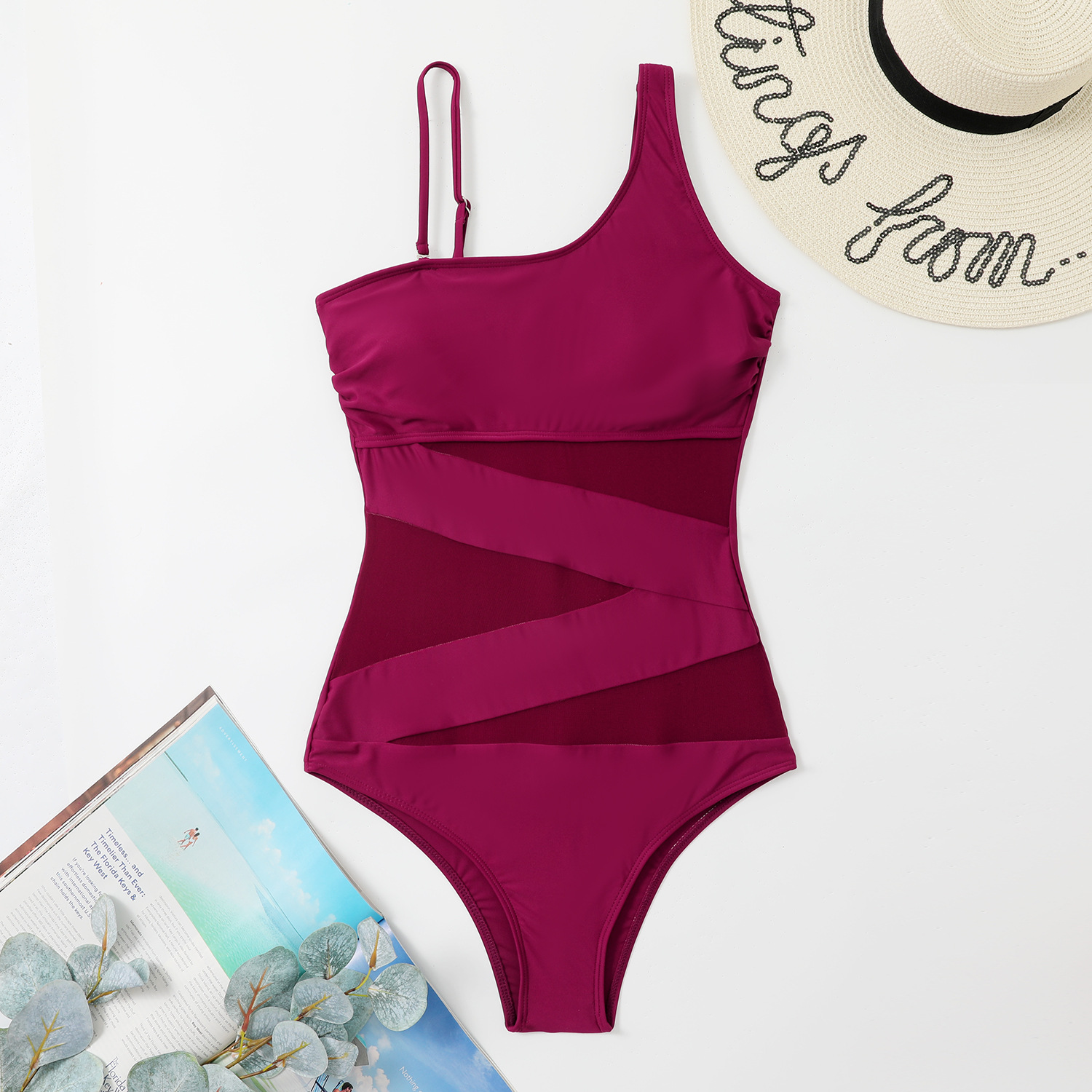 Patchwork Mesh Women's One-Piece Slash Shoulder Swimsuit