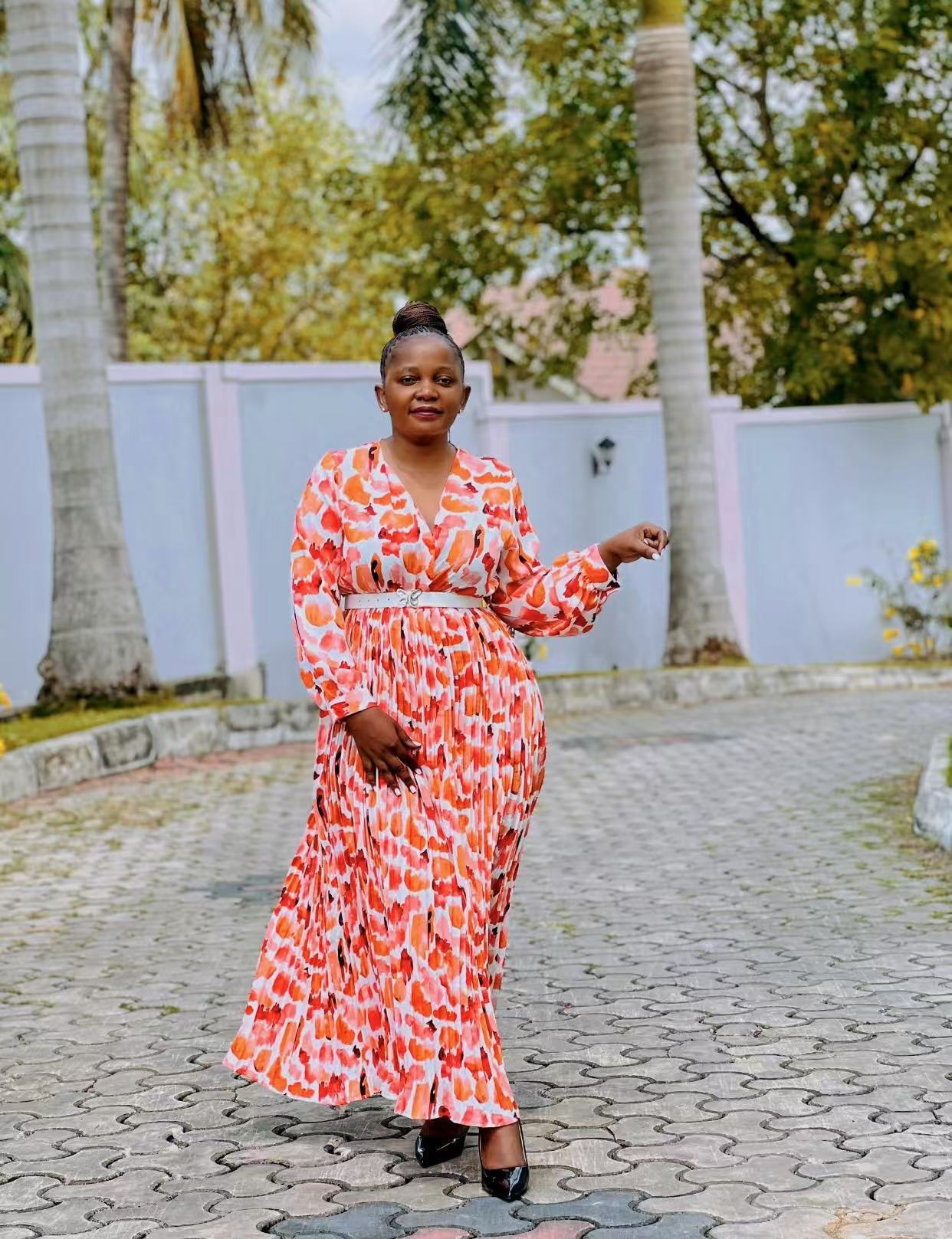 African Women Printed V-Neck Long Sleeve Maxi Dress with Belt