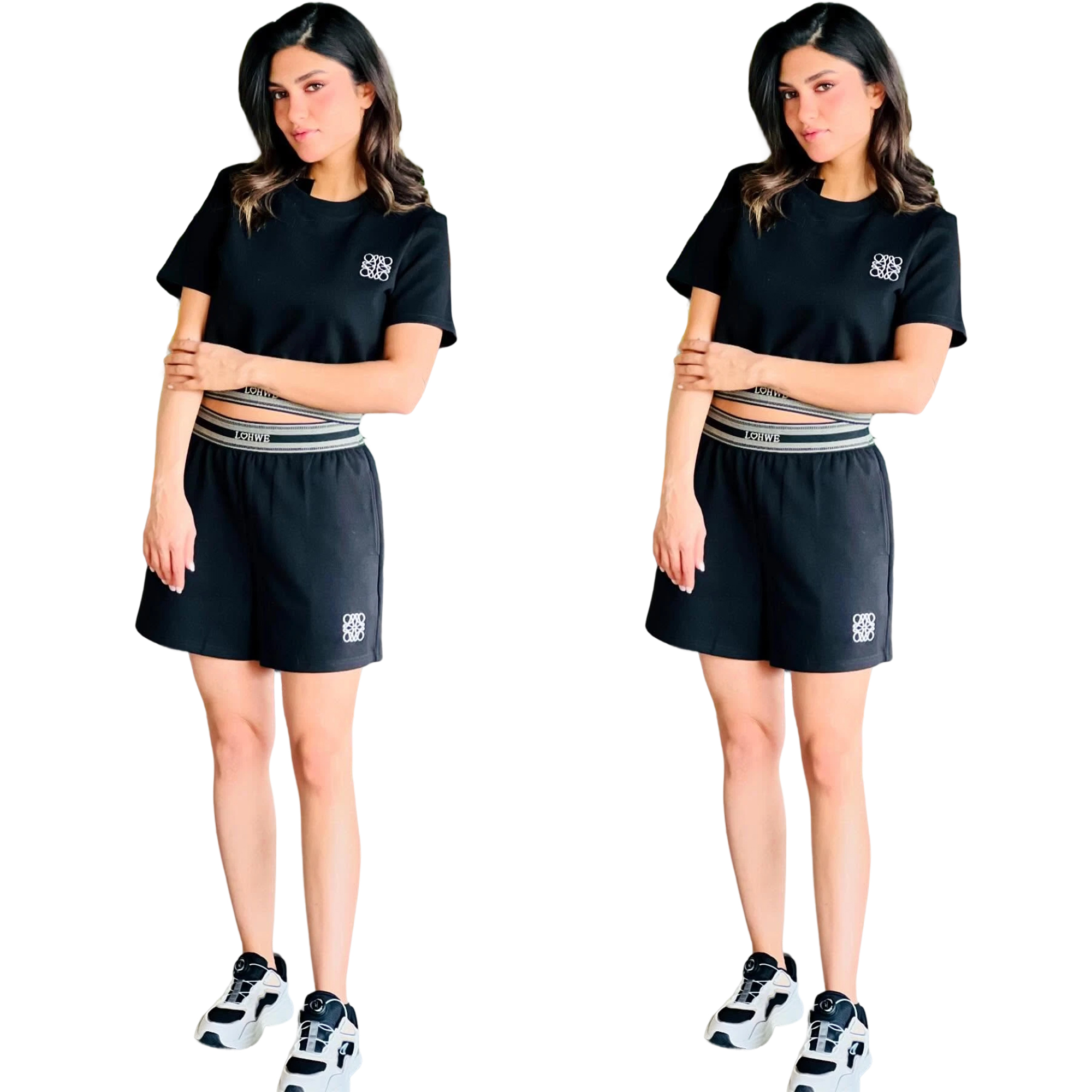 Women summer casual crop sports short-sleeved top and shorts two-piece set