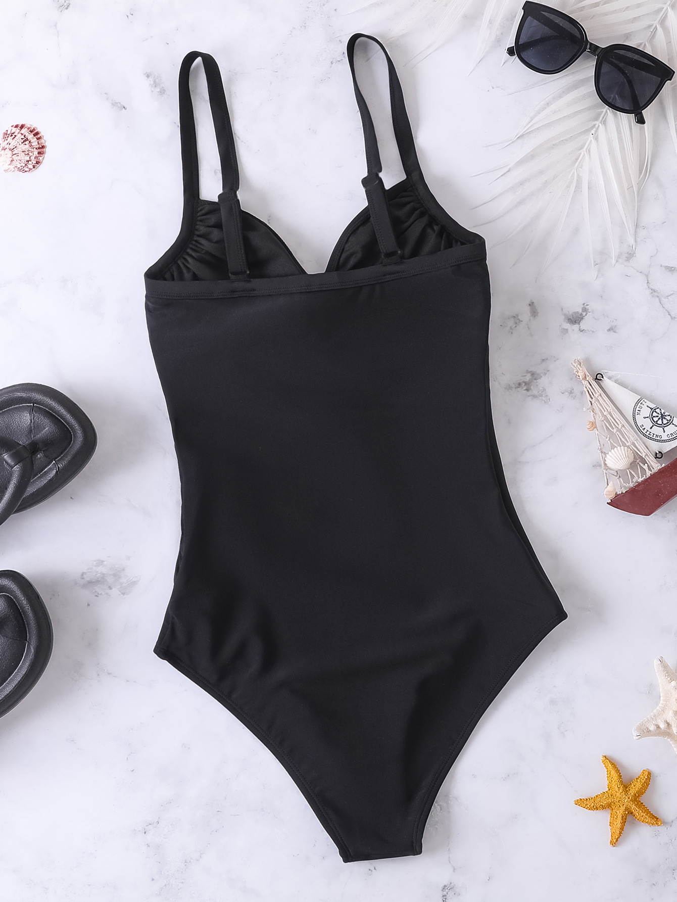 Women solid drawstring sexy one-piece swimsuit