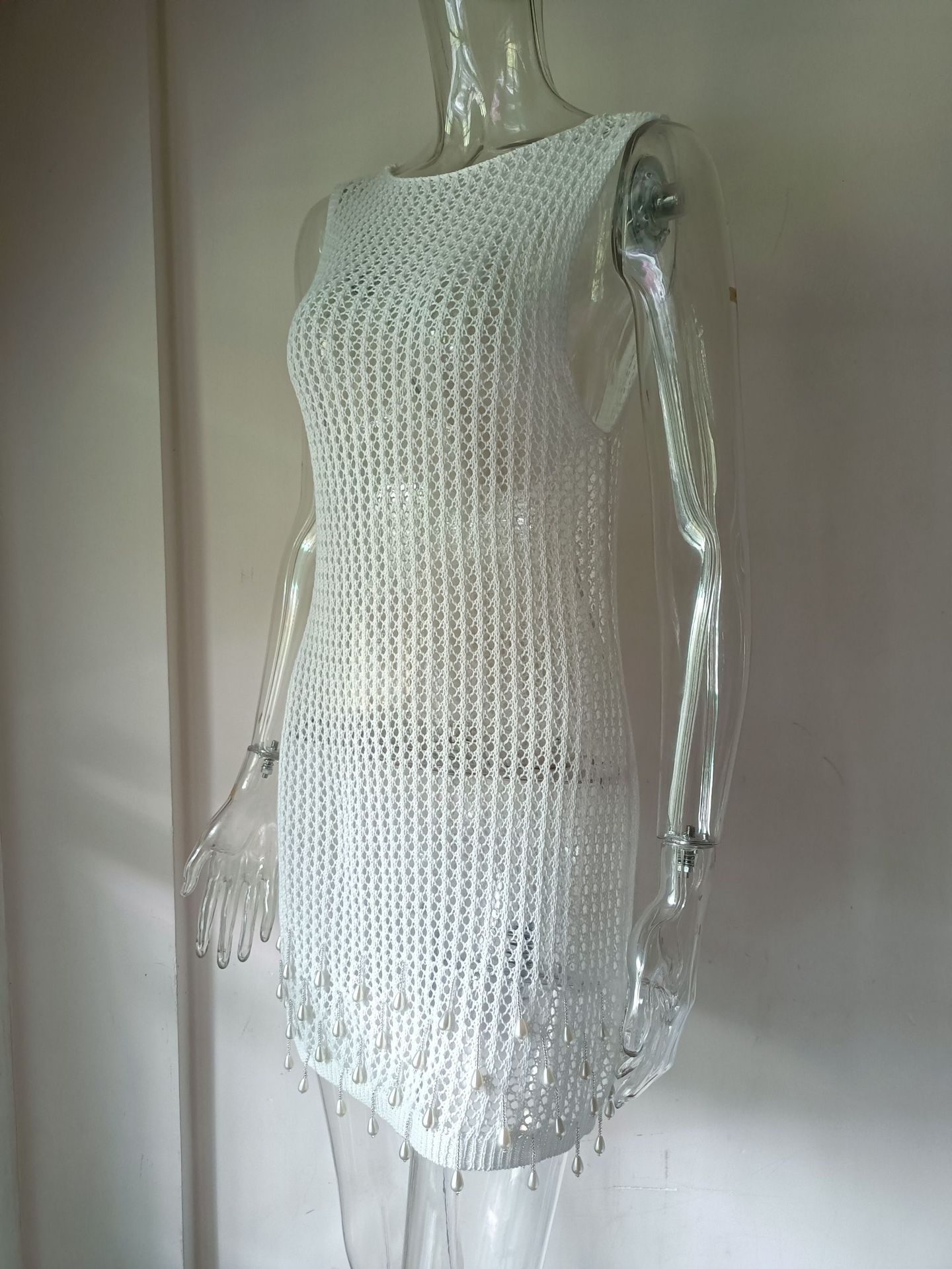 Women bikini tassel beaded suspender beach shirt hollow knitting Dress