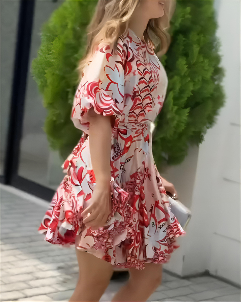 Women Red Abstract Geometric Pattern Puff Sleeve Lace-Up Bell Bottom Dress