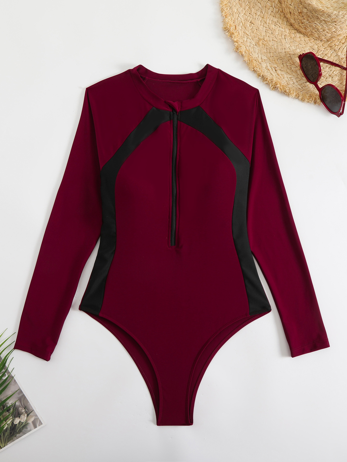 Sexy Racing Surfing Suit Color Matching One-Piece Zipper Tight Fitting Slim Fit Swimsuit