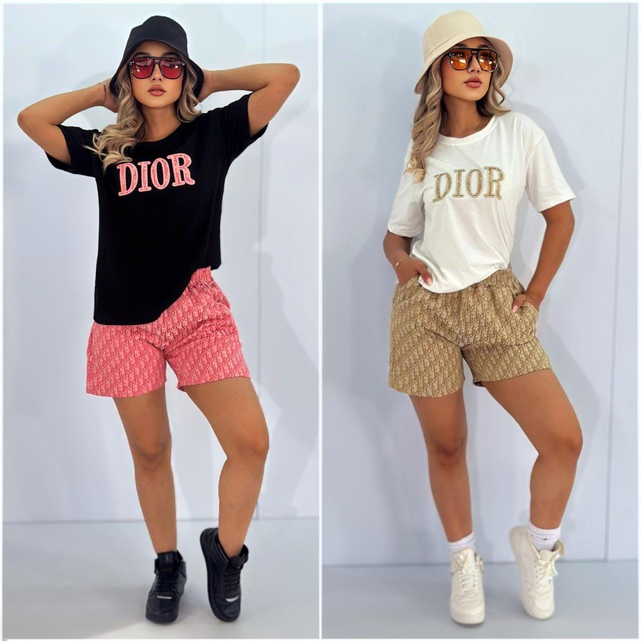 Women summer embroidery + printed short-sleeved top and shorts two-piece set