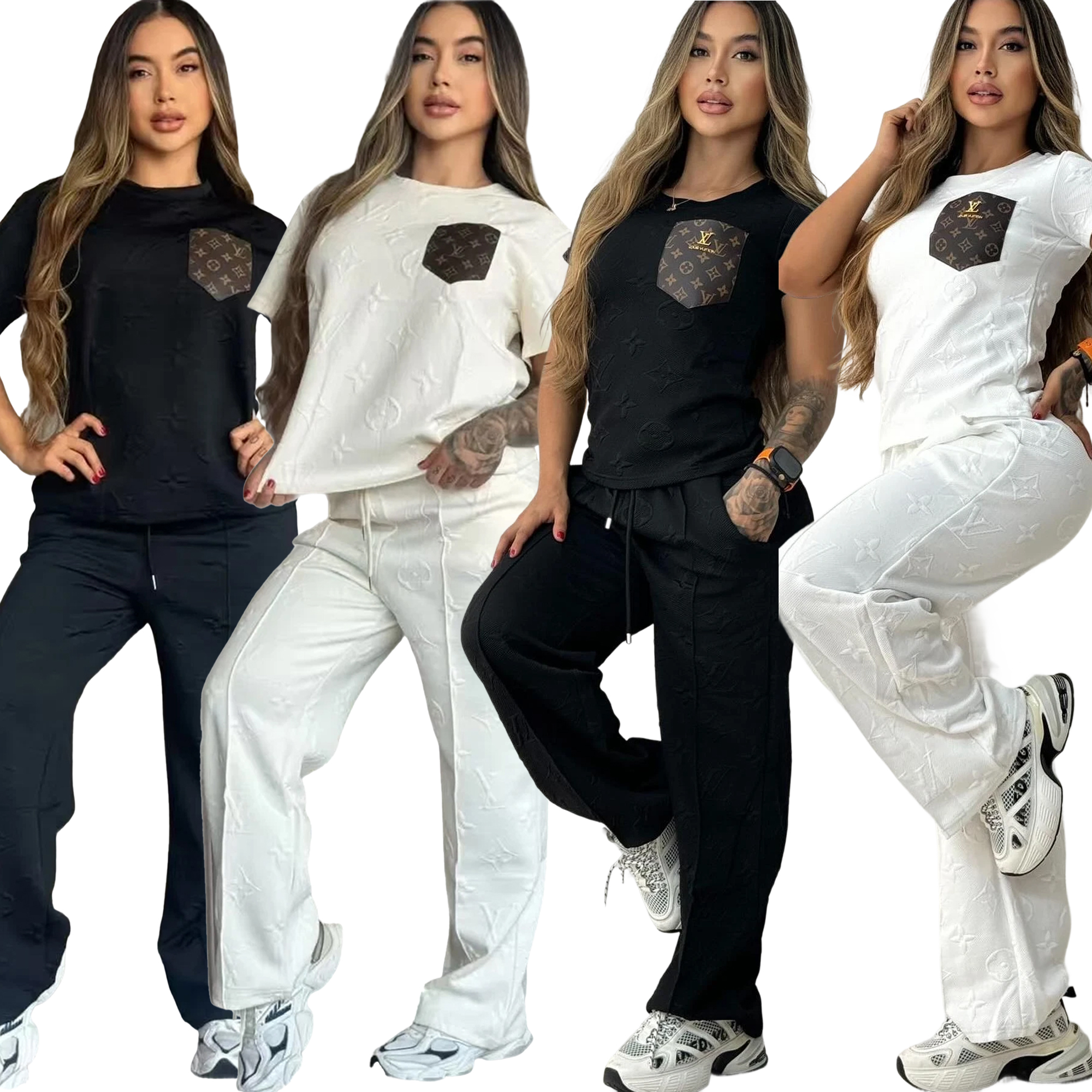 Women casual Pu-Leather pocket short-sleeved top and long pants jacquard two-piece set