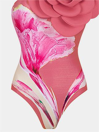 Women 3D Large Flower Print One-Piece Swimwear