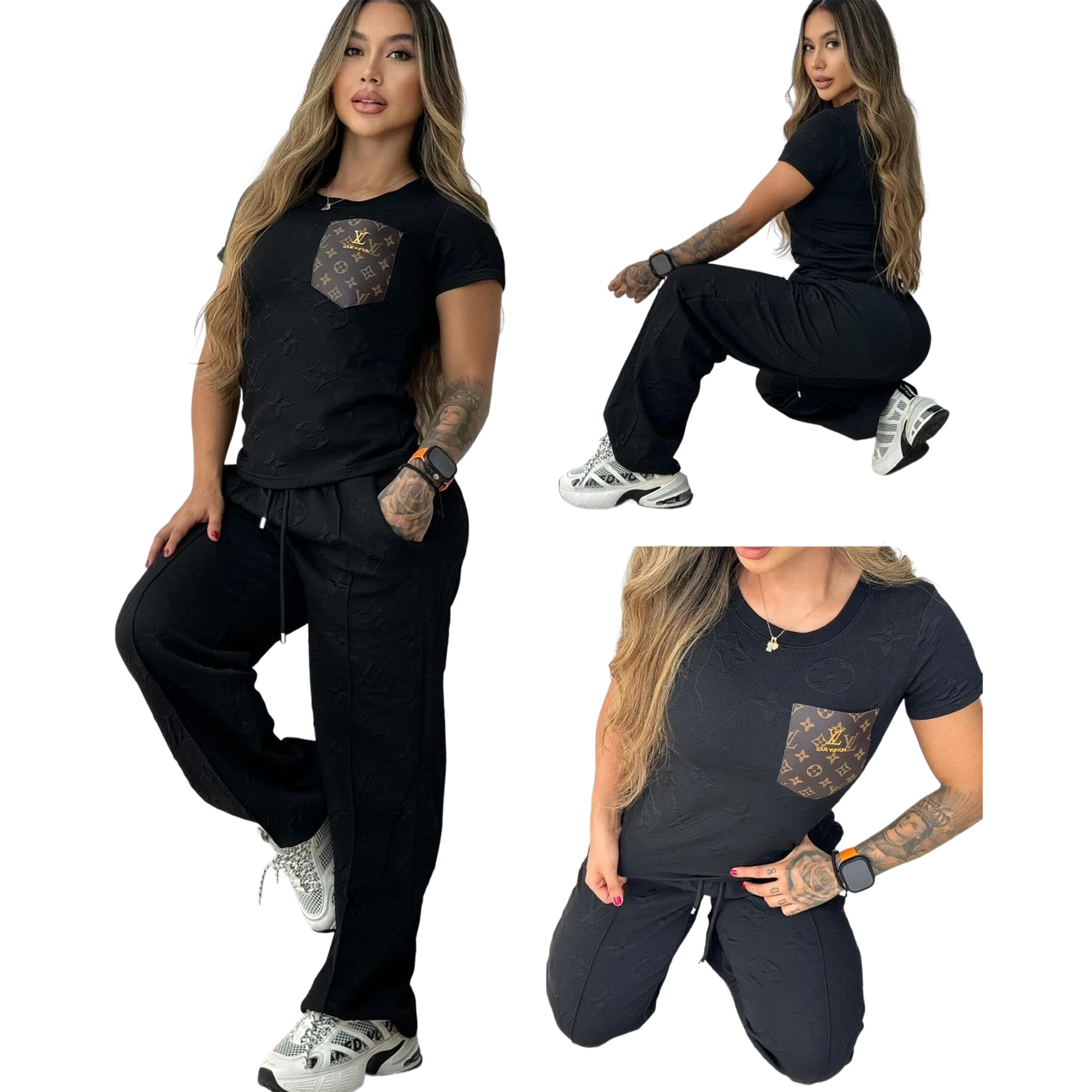 Women casual Pu-Leather pocket short-sleeved top and long pants jacquard two-piece set