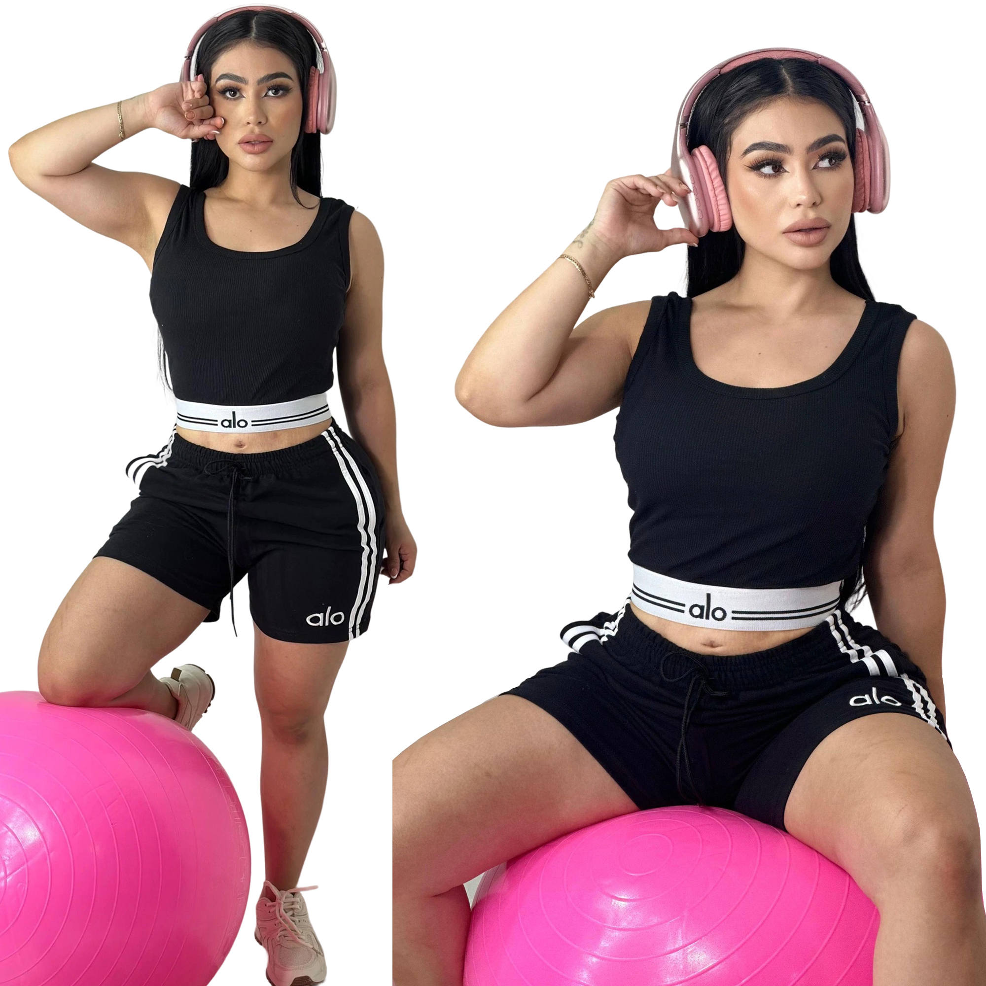 Women summer Solid embroidery Round Neck Sleeveless Vest Shorts Two-Piece Set