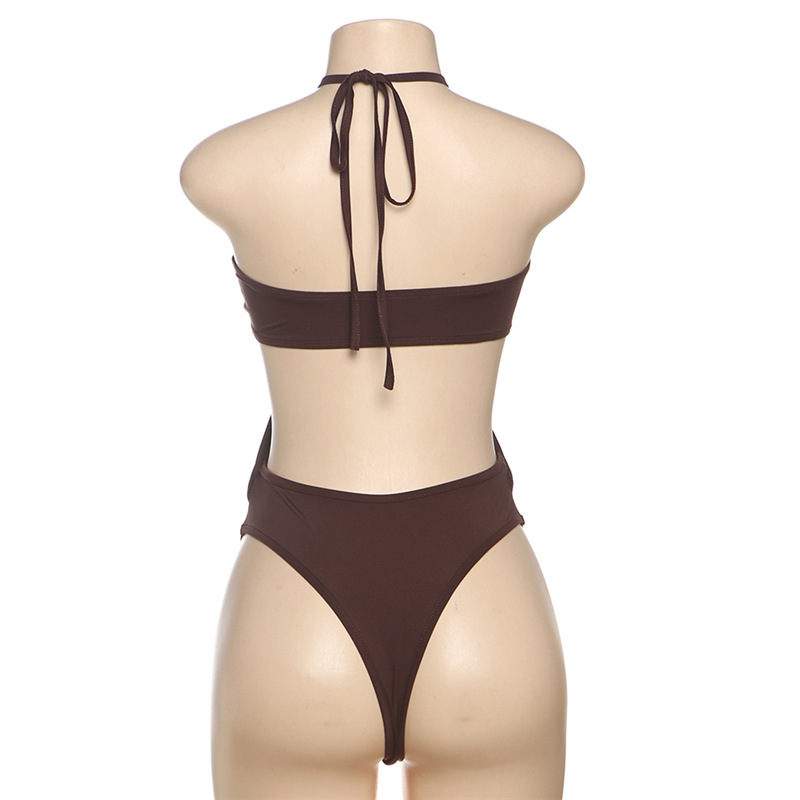 Women summer sexy Halter Neck Crop beach holidays solid one-piece swimwear