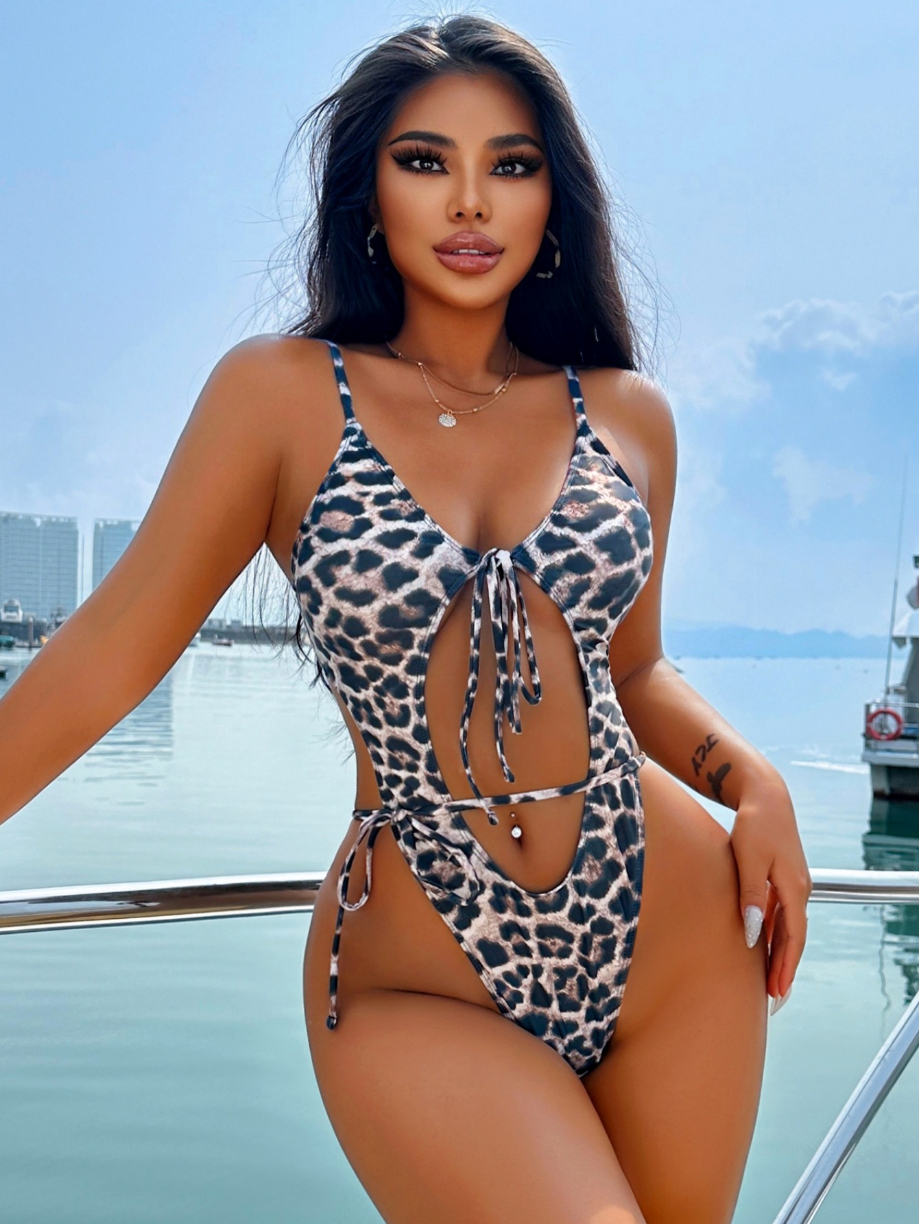 Women Sexy Swimwear  Leopard Print Lace Holidays One-Piece Swimwear