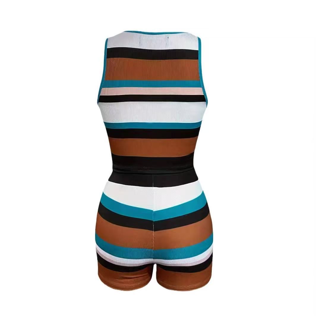 Women spring and autumn knitting striped vest and shorts two-piece set