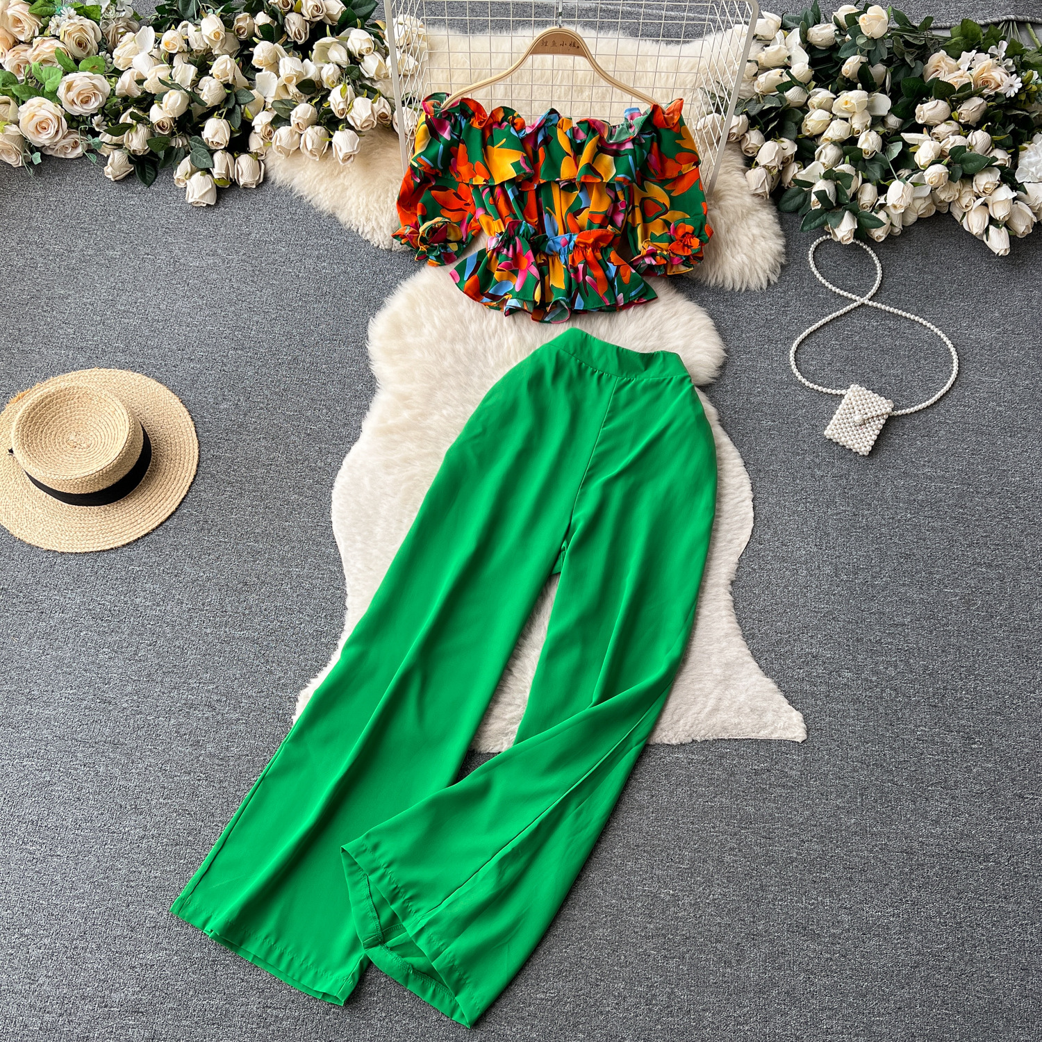 Women French Off Shoulder Ruffled Floral Blouse and Wide Leg Pants Two-Piece Set