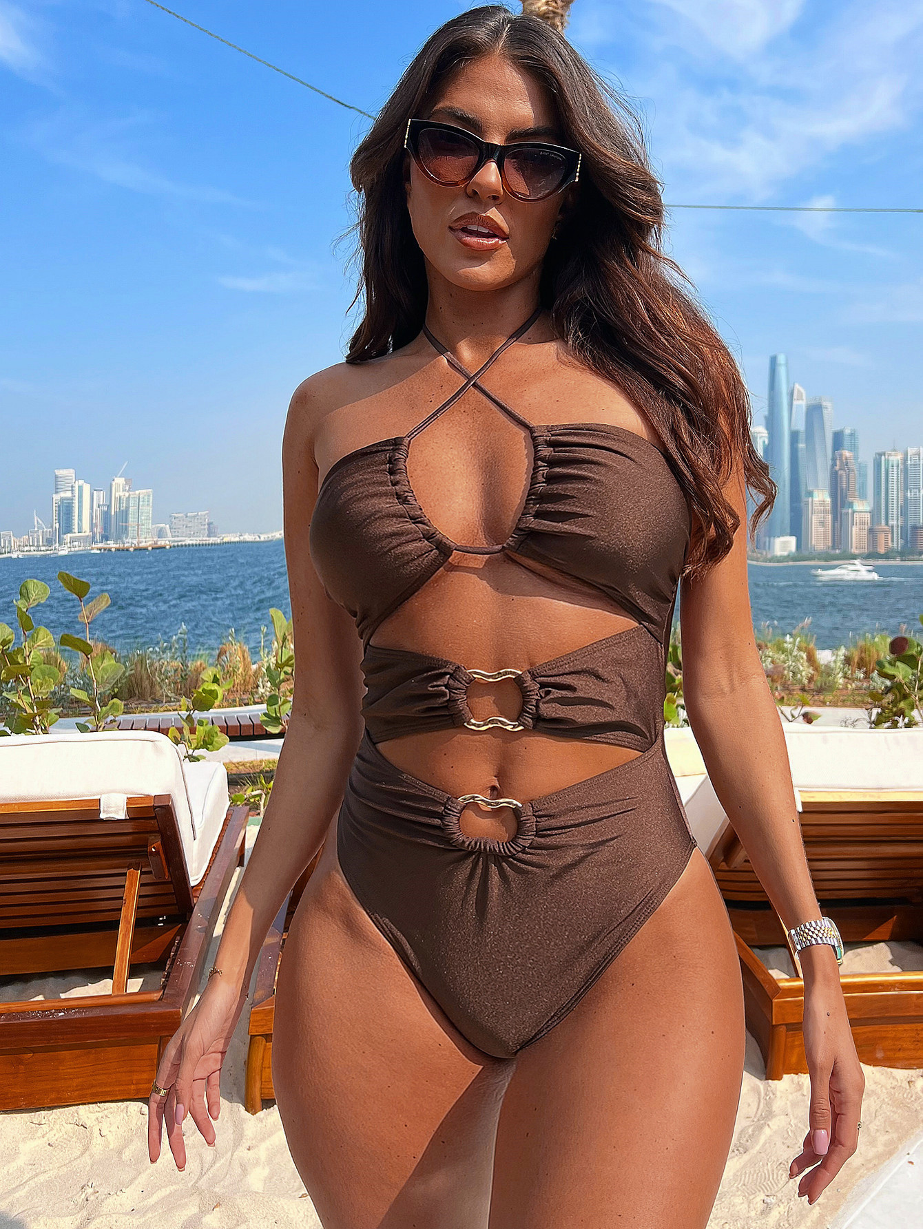 Sexy Cutout Design Brown Hollow-Out Lace-Up One-Piece Swimsuit