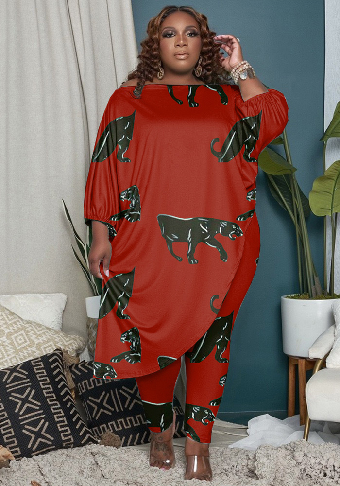 Plus Size Women Printed Slash Shoulder Top and Pants Two-piece Set