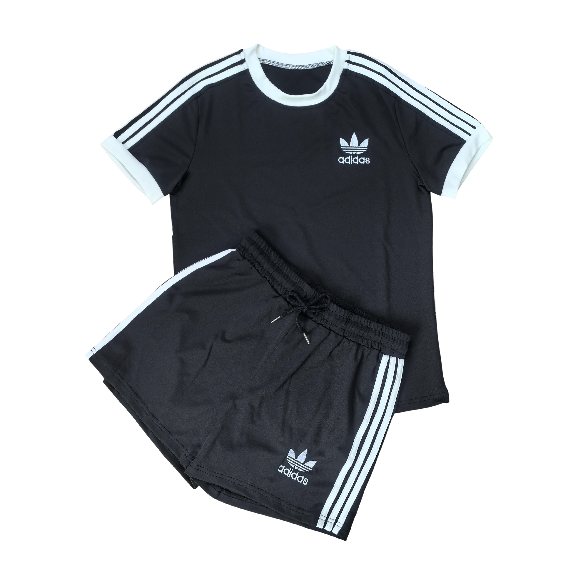 Women casual summer pocket embroidery sports striped short-sleeved top and shorts two-piece set