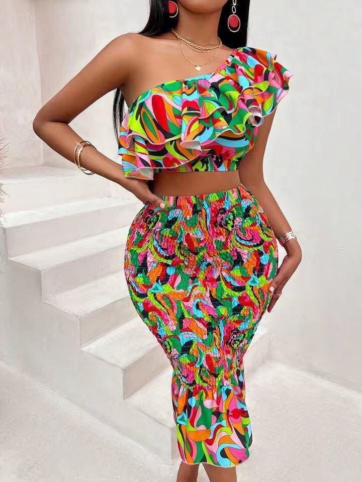 Women Sexy Slash Shoulder Printed Crop Top Bodycon Skirt Two-Piece Set