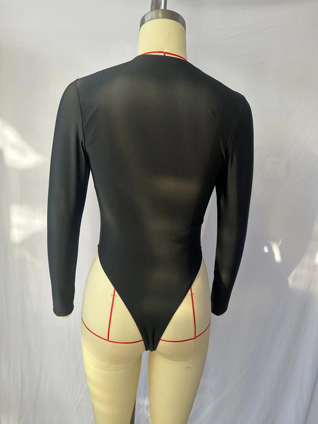U-Neck Long Sleeve Solid Color Swimsuit