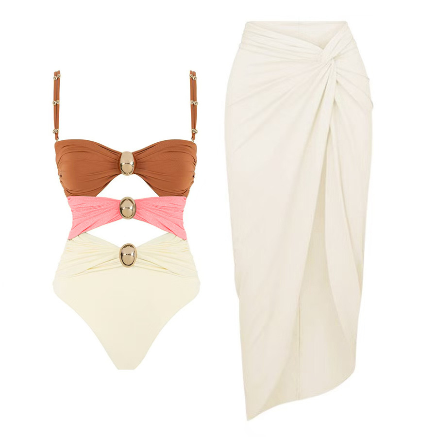 Women Color Block Hollow Sexy One-Piece Swimwear  Two-Piece Set