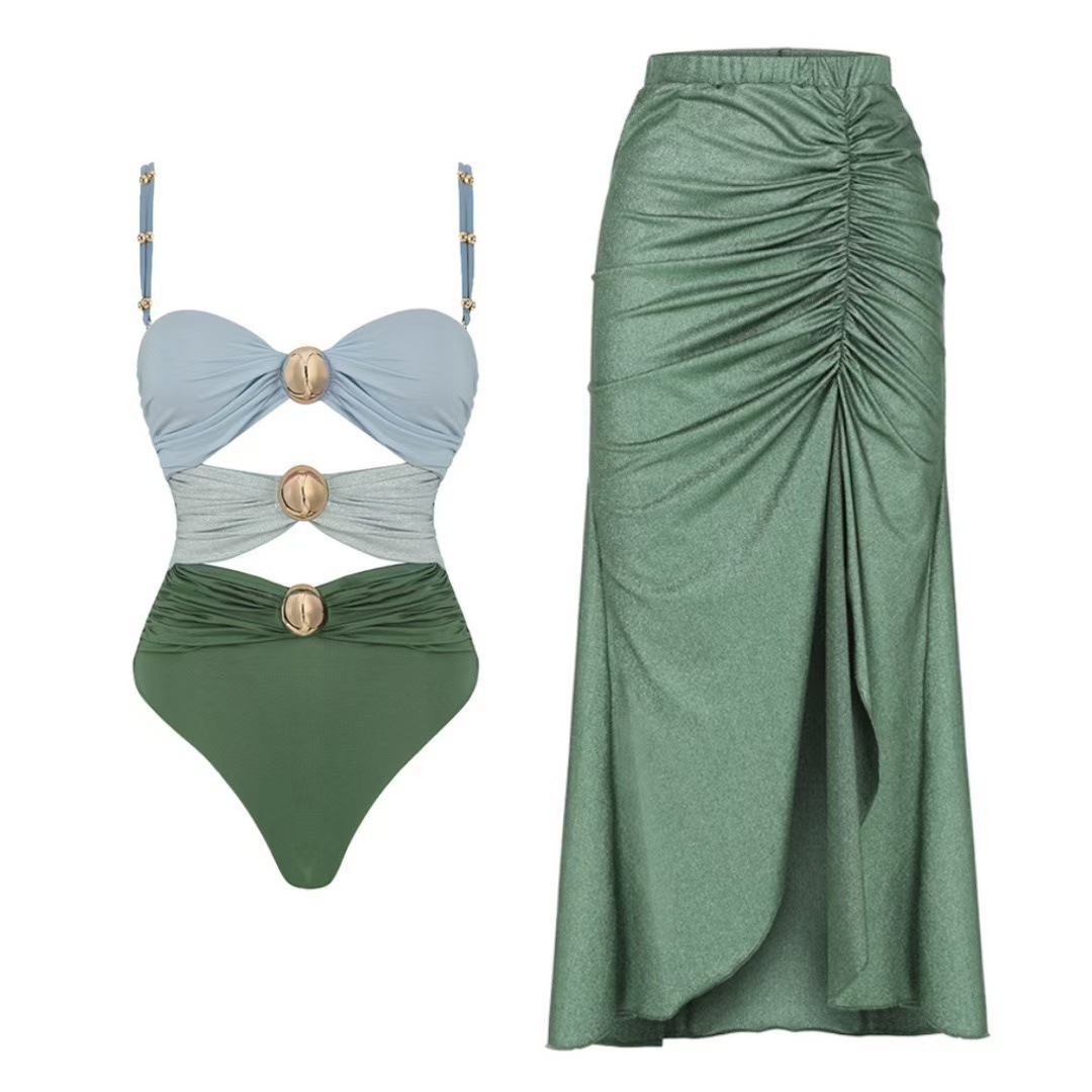 Women Color Block Hollow Sexy One-Piece Swimwear  Two-Piece Set