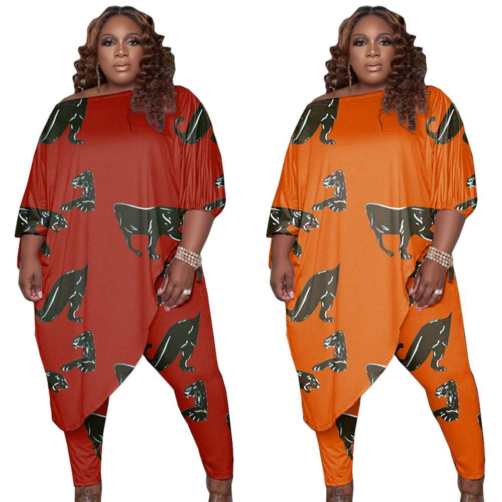 Plus Size Women Printed Slash Shoulder Top and Pants Two-piece Set