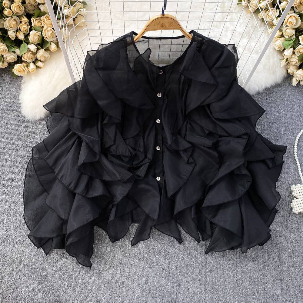 Women Round Neck Irregular Lotus Long Sleeve Casual Top Shirt