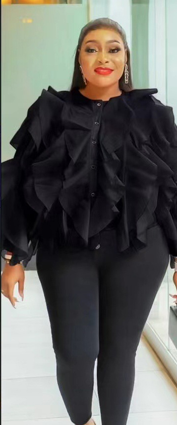 Women Round Neck Irregular Lotus Long Sleeve Casual Top Shirt