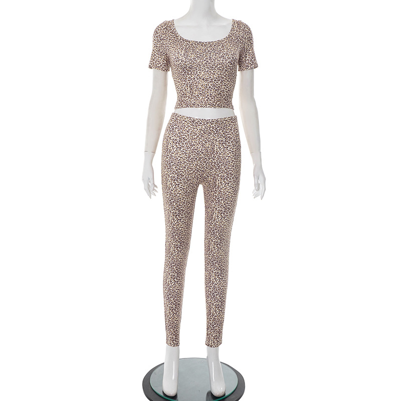 Women Spring and Summer Leopard Print Off Shoulder Top and Crop Pants two-piece set