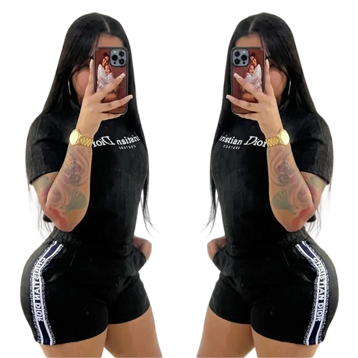 Women Embroidered short-sleeved top and shorts jacquard two-piece set