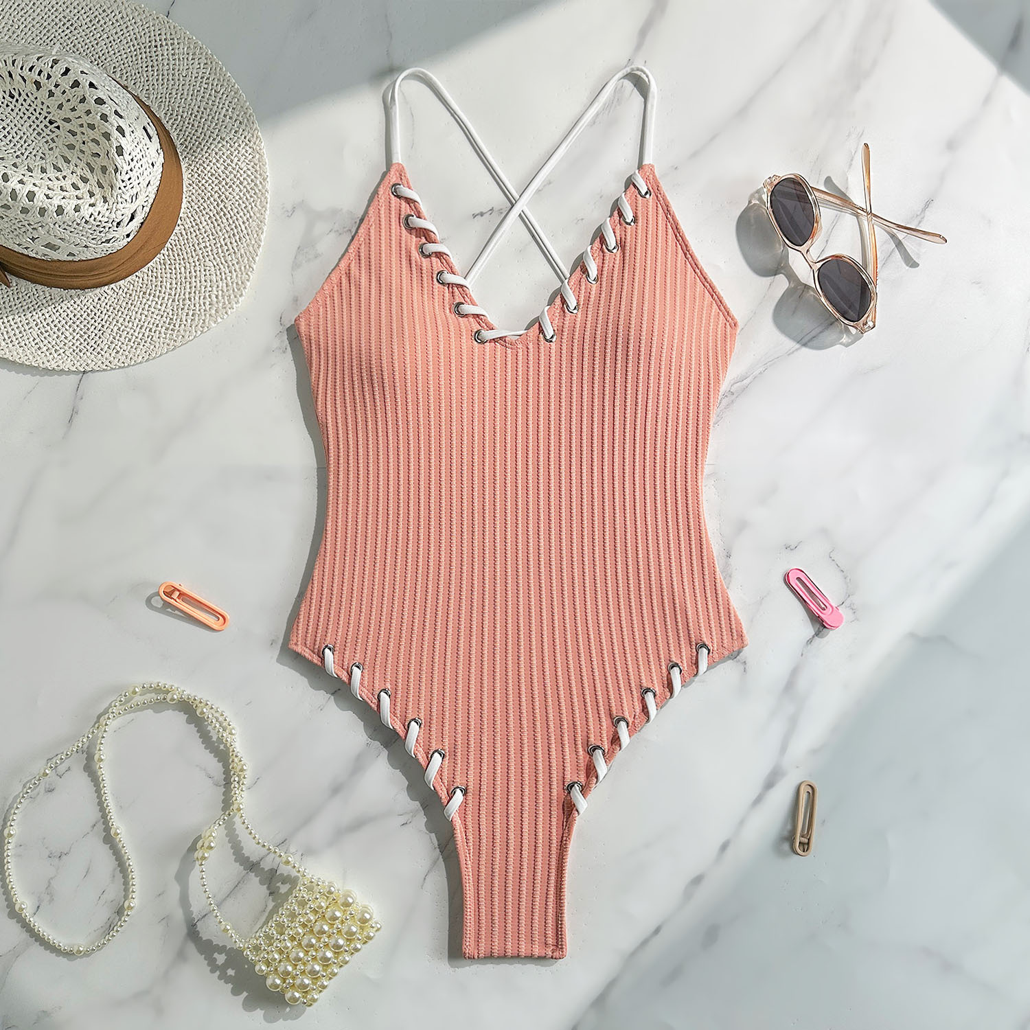 Lace-Up Colorblock Sexy One-Piece Strap Swimsuit
