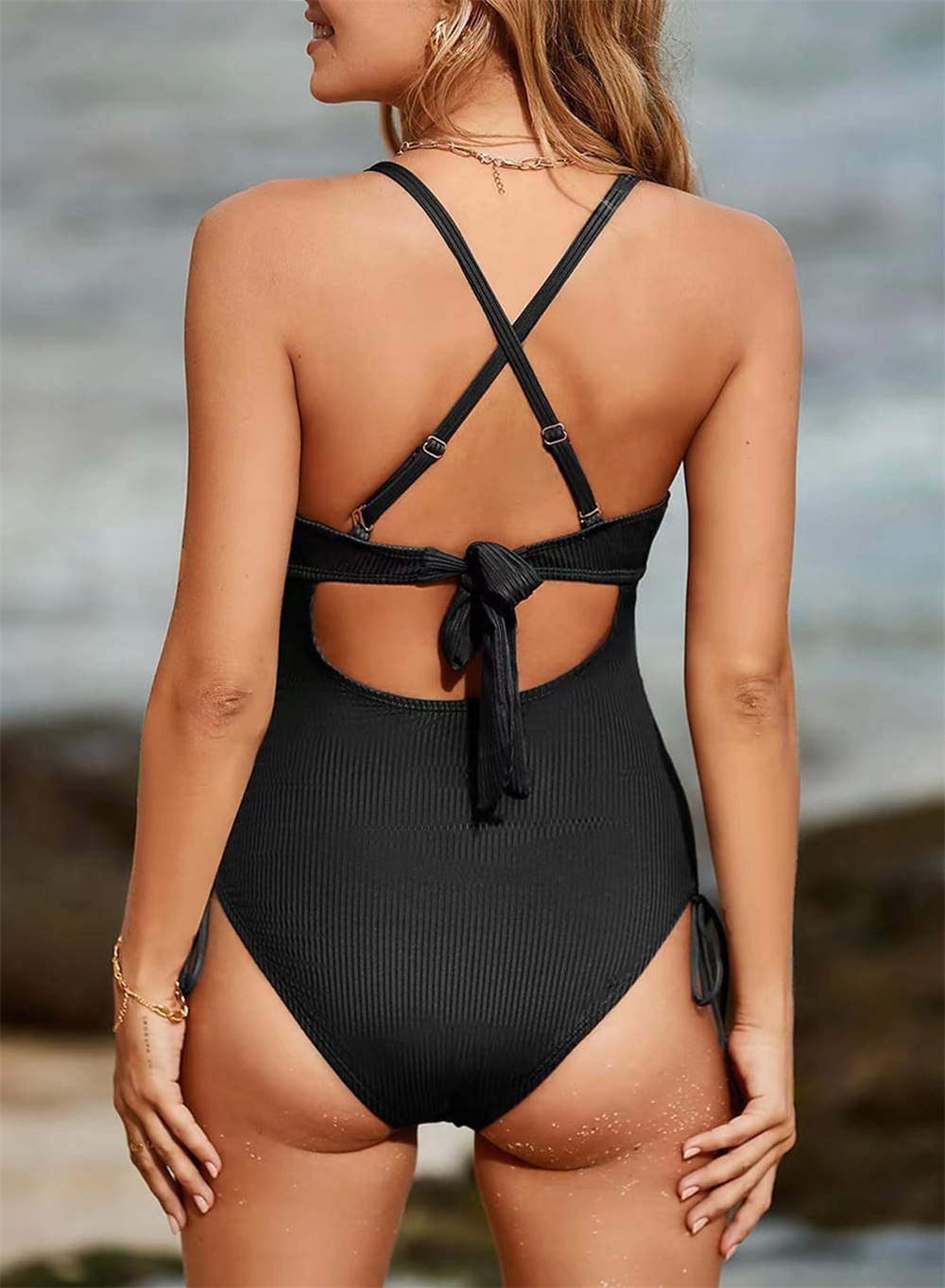 Spring Holidays Women Sexy Deep V Neck Hollow One-Piece Swimsuit