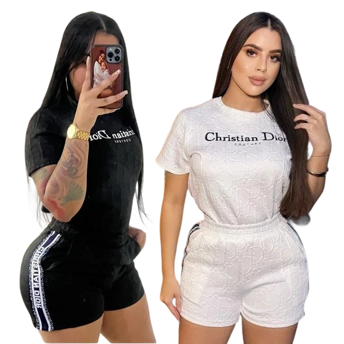Women Embroidered short-sleeved top and shorts jacquard two-piece set