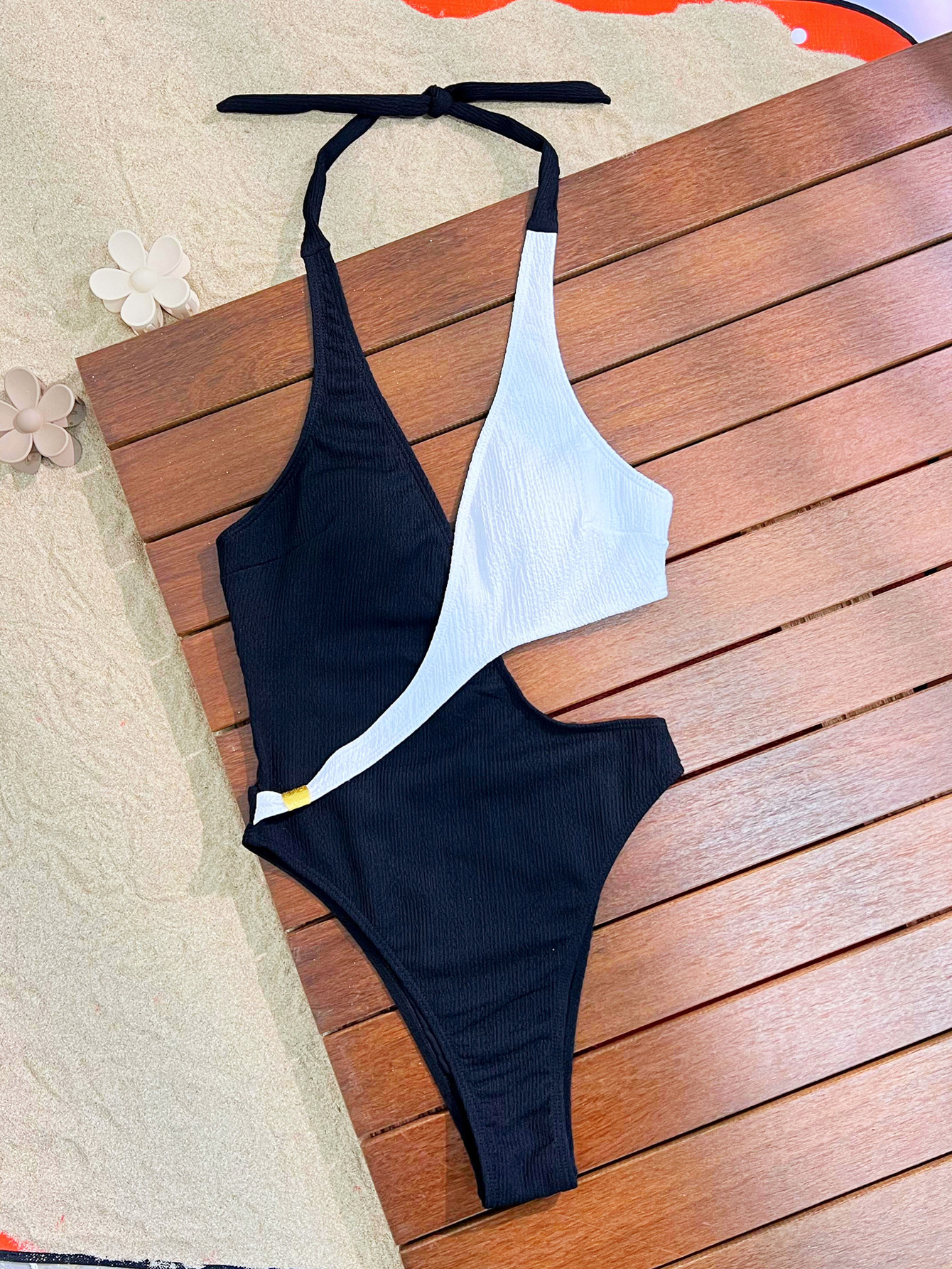 Bikini White Black Contrast Hollow Lace-Up One-piece Swimsuit