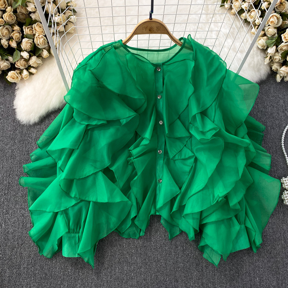 Women Round Neck Irregular Lotus Long Sleeve Casual Top Shirt