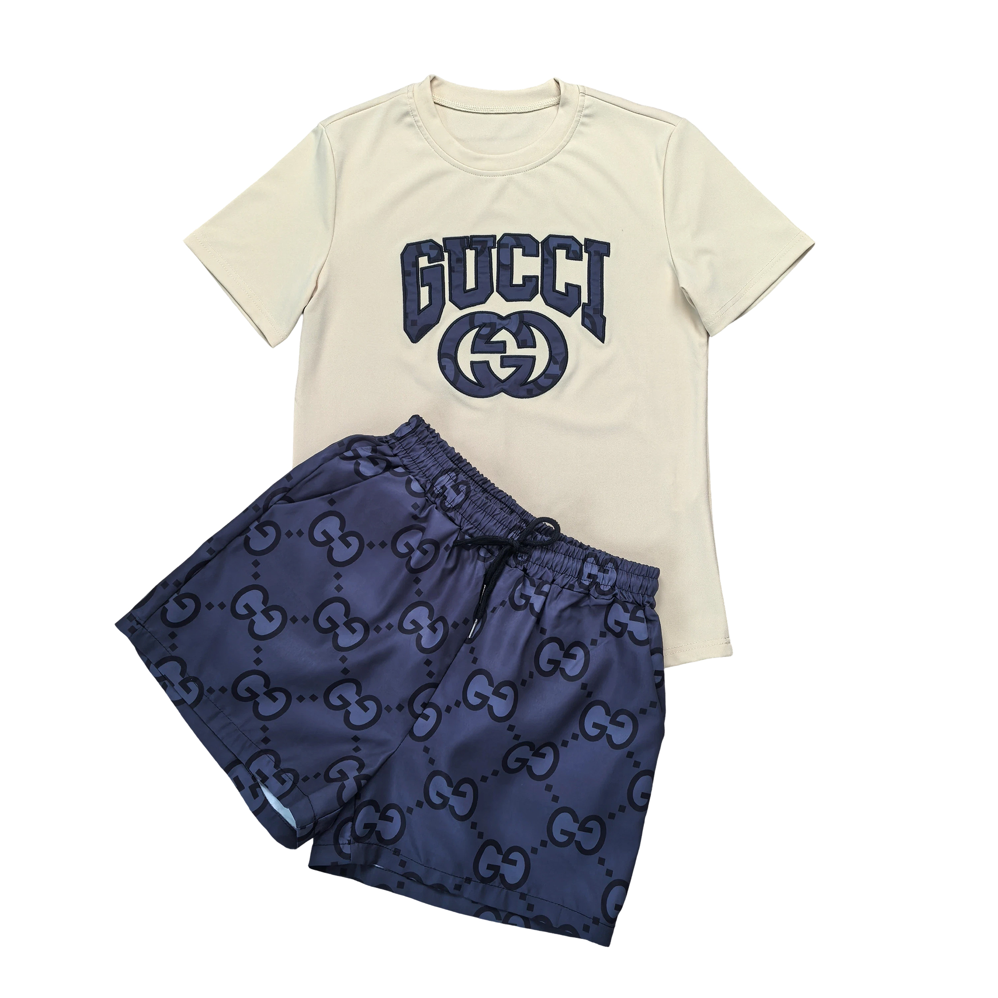 Women Summer Embroidered Printed Short Sleeve Top and Shorts Two-Piece Set