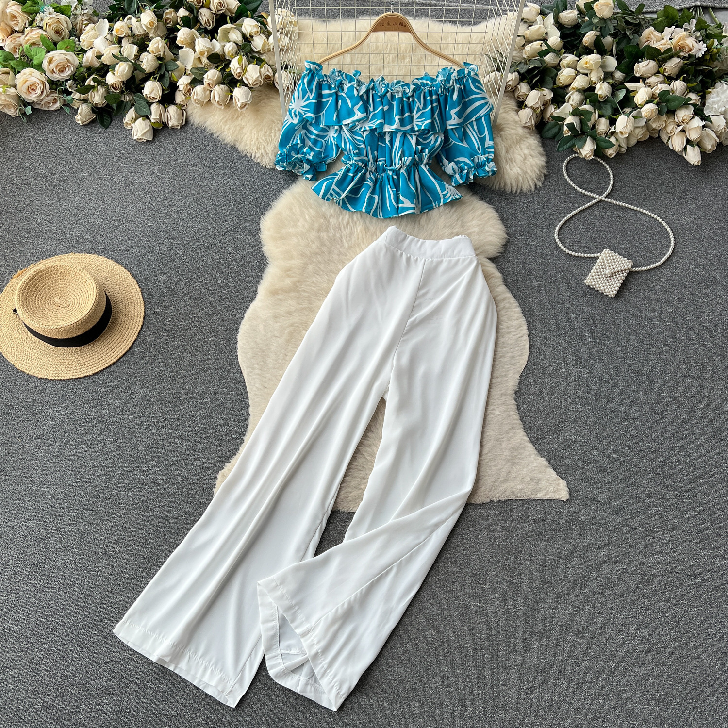 Women French Off Shoulder Ruffled Floral Blouse and Wide Leg Pants Two-Piece Set