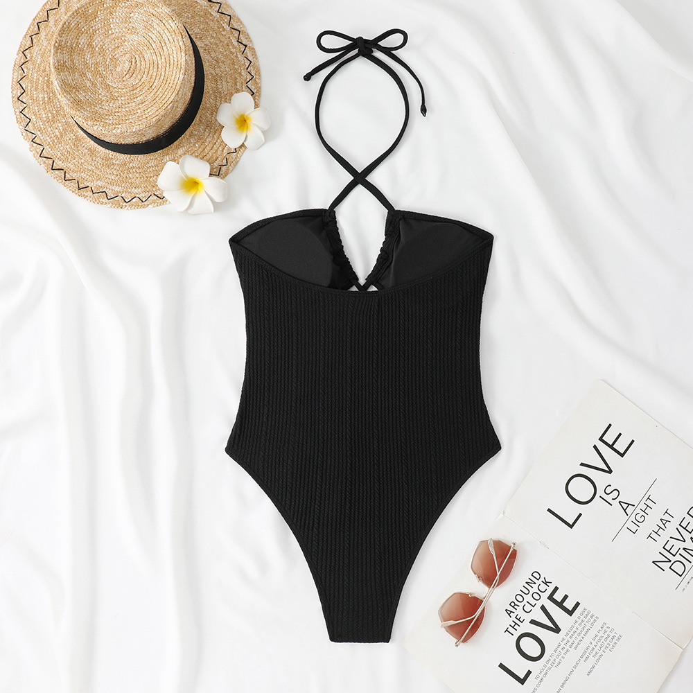 Ribbed Solid Color One-Piece Lace-Up Low Back Sexy Swimsuit