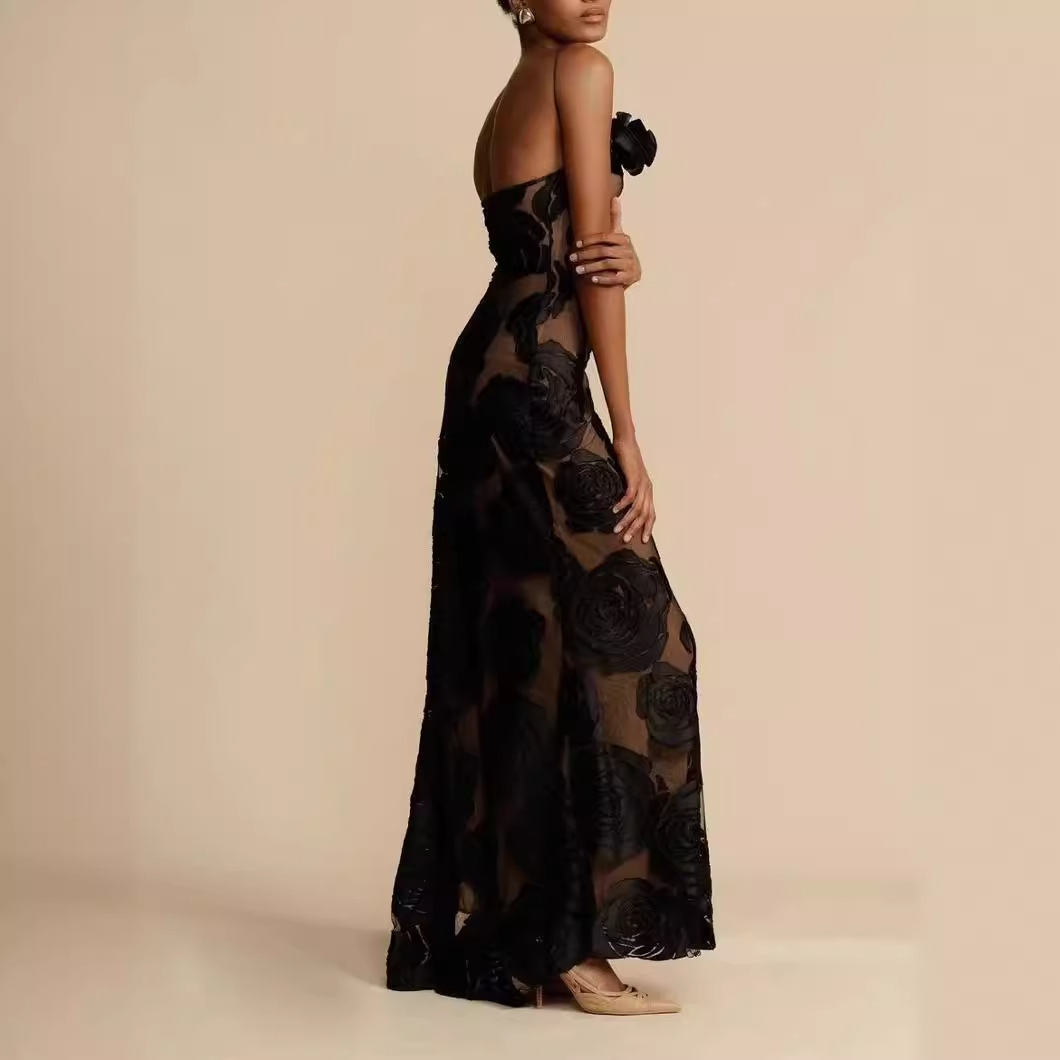 Women Black See-Through Suspender Backless sexy Dress