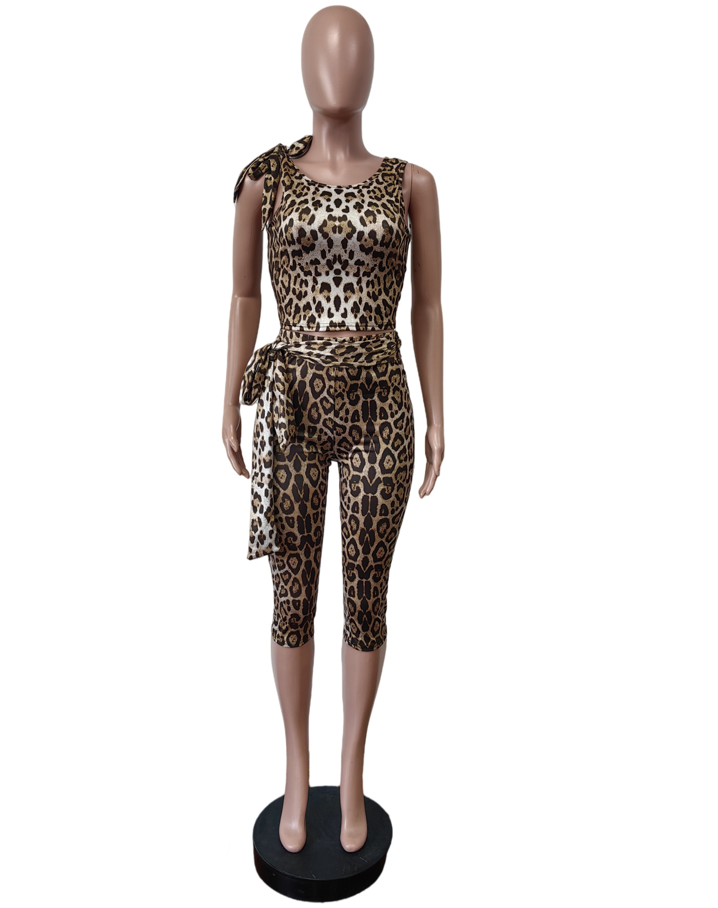 Leopard Printed Lace-Up Cropped Top Pants Two Piece Set