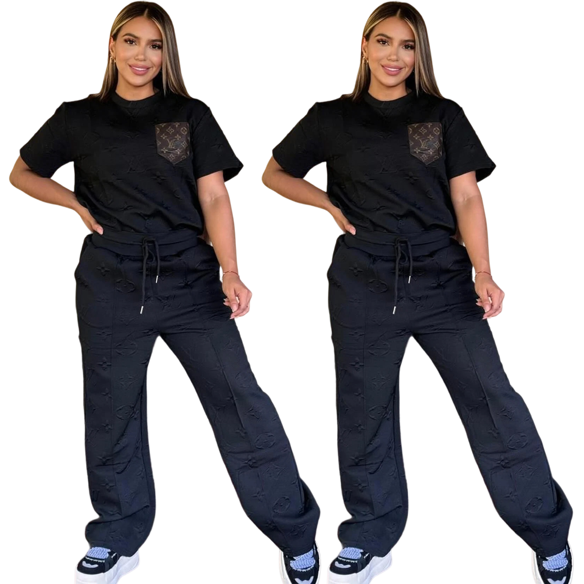 Women casual Pu-Leather pocket short-sleeved top and long pants jacquard two-piece set