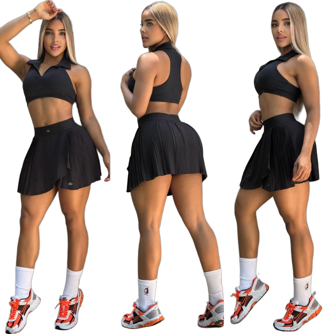 Women summer sports sleeveless v-neck and pleated Skirt two-piece set