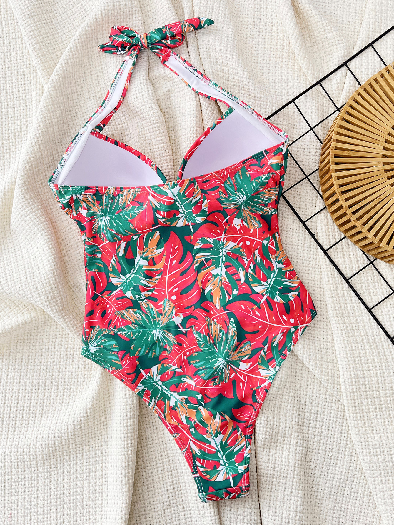 Women bikini print pleated Halter Neck one-piece Swimwear