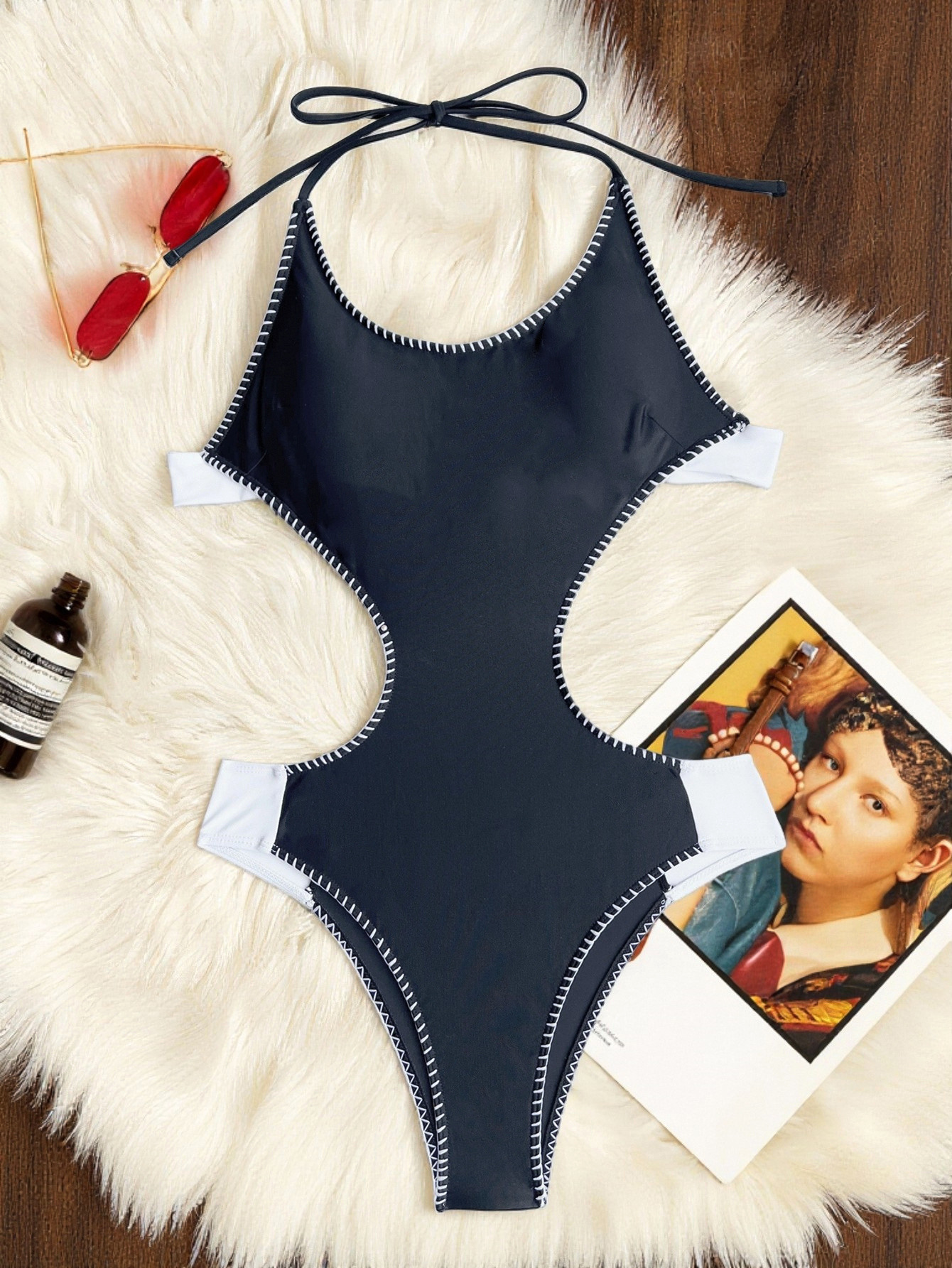 Women Lace-Up Bikini Sexy Color Block One-Piece Swimwear