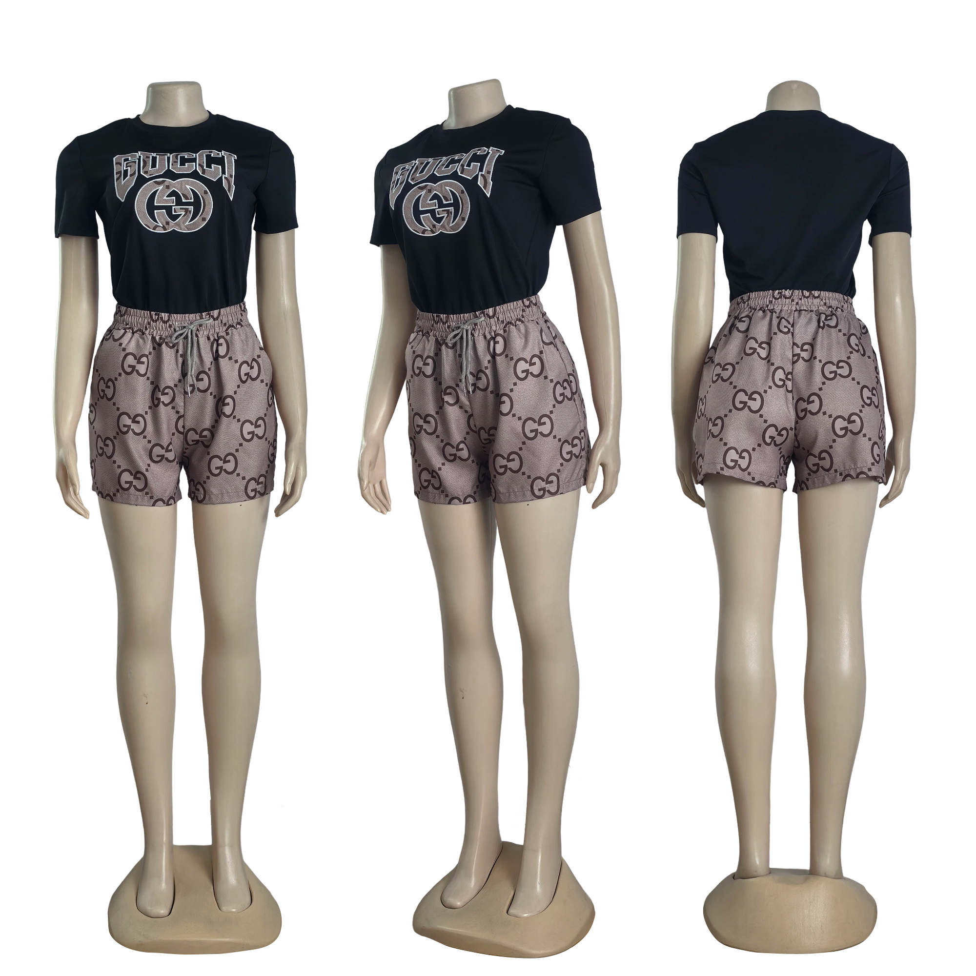 Women Summer Embroidered Printed Short Sleeve Top and Shorts Two-Piece Set